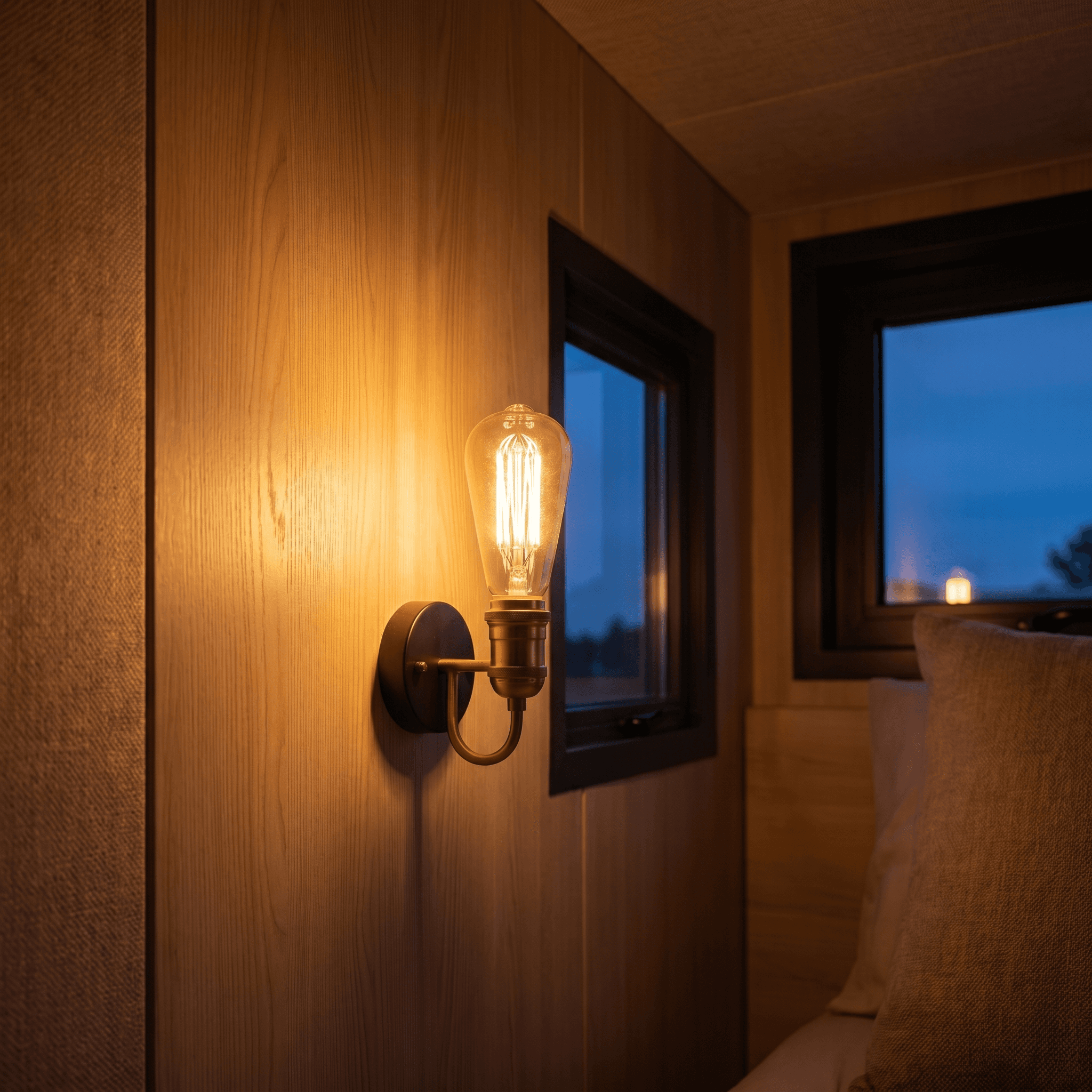 Warm Edison wall sconce detail, wood panel interior at dusk