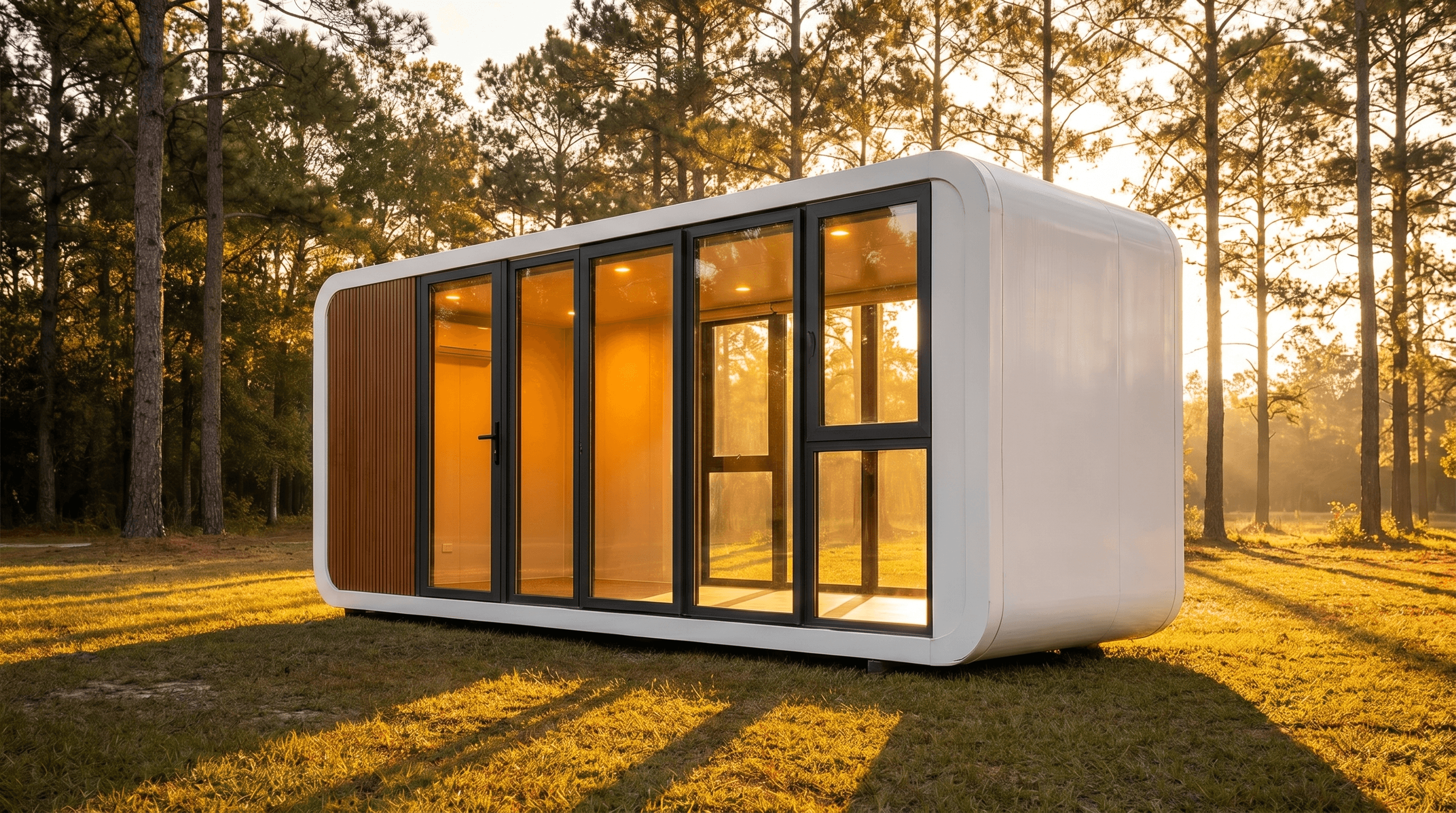 Modulr capsule cabin at golden hour in a Southern US pine clearing